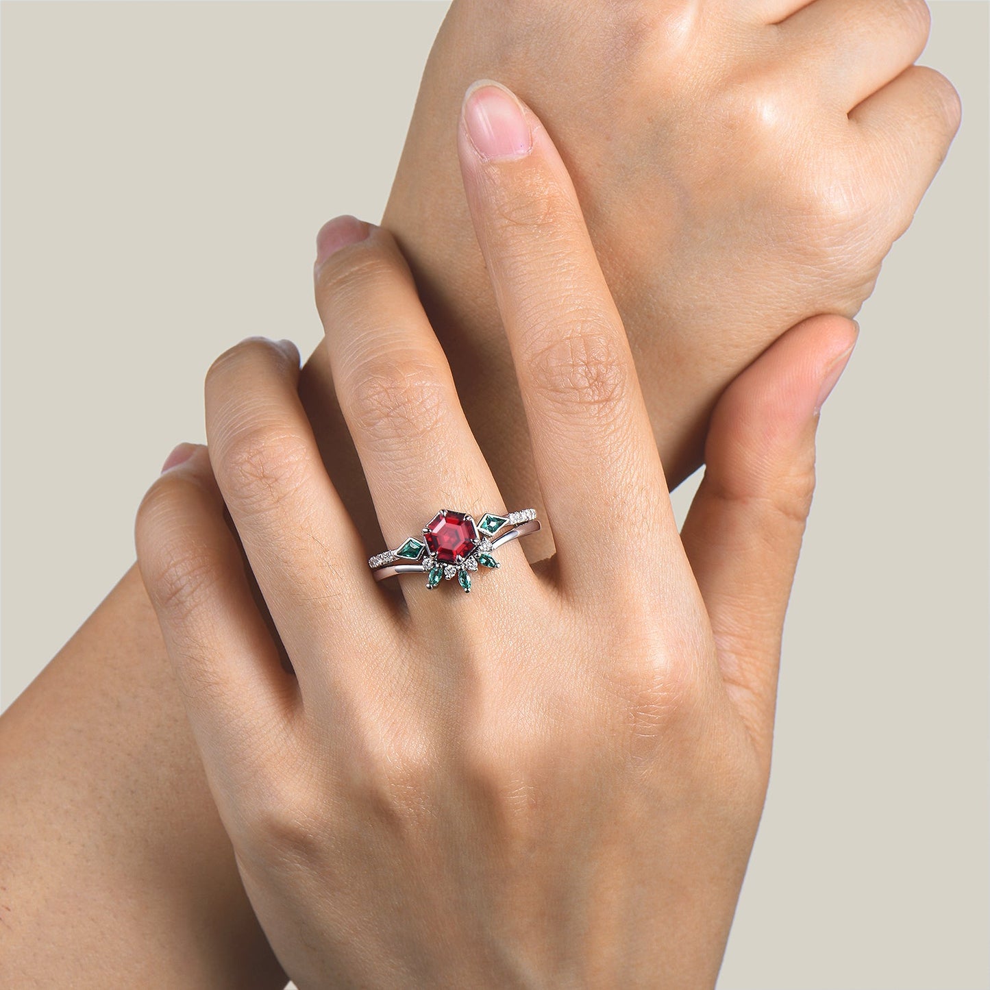 1ct Hexagon Cut Ruby Emerald Bezel Half Eternity Wedding Ring Set Platinum