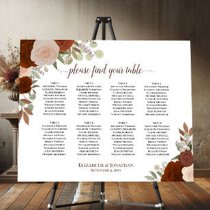 8 Table Boho Chic Fall Roses Wedding Seating Chart Foam Board