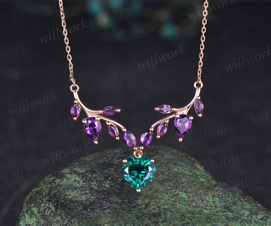 Heart Shaped Emerald Amethyst Leaf Necklace Nature Inspired Marquise Amethyst Twig Pendant 14k Rose Gold Unique Crystal Necklace For Women