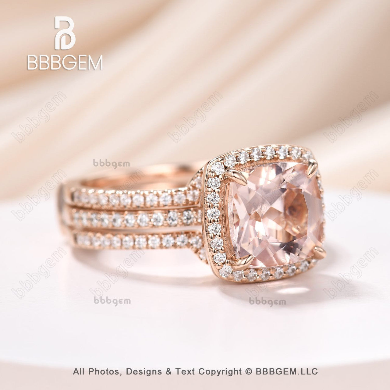 2.4 Carat 8mm Cushion Cut Morganite Wedding Ring Set with Halo Enhancer Band 14k Rose Gold Art Deco Half Eternity Band