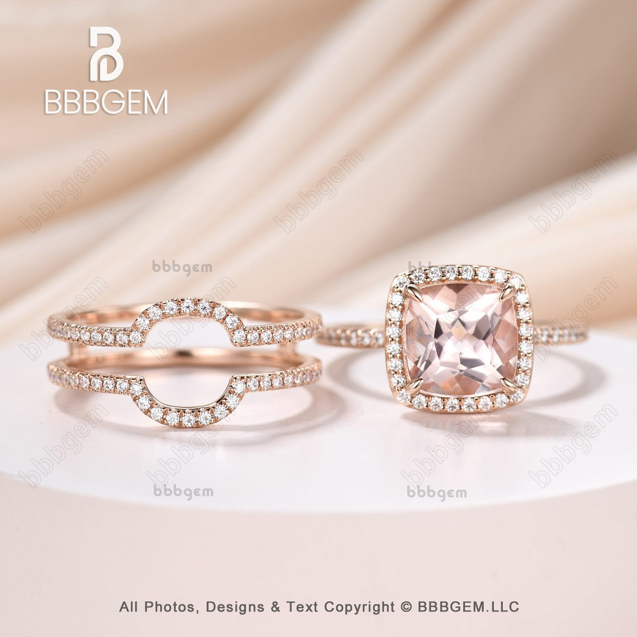 2.4 Carat 8mm Cushion Cut Morganite Wedding Ring Set with Halo Enhancer Band 14k Rose Gold Art Deco Half Eternity Band