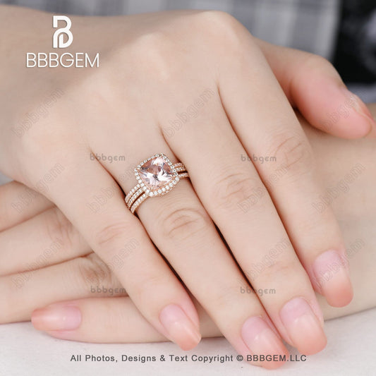 2.4 Carat 8mm Cushion Cut Morganite Wedding Ring Set with Halo Enhancer Band 14k Rose Gold Art Deco Half Eternity Band