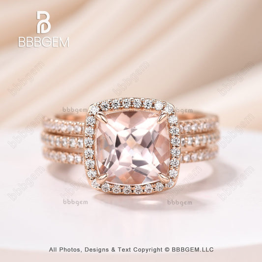 2.4 Carat 8mm Cushion Cut Morganite Wedding Ring Set with Halo Enhancer Band 14k Rose Gold Art Deco Half Eternity Band