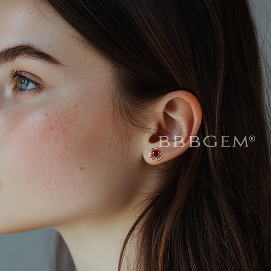 1CT Round Cut Natural Garnet Stud Earrings Ruby Moon Celetial Earrings