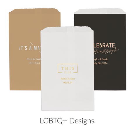 Personalized Flat Style Paper Goodie Bag Wedding Favor - LGBTQ+| Pack of 25 | More Designs