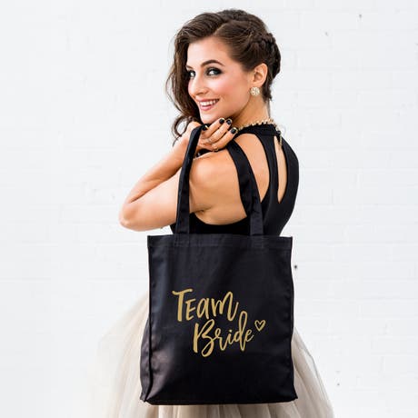 Printed Black Cotton Canvas Fabric Tote Bag - Team Bride