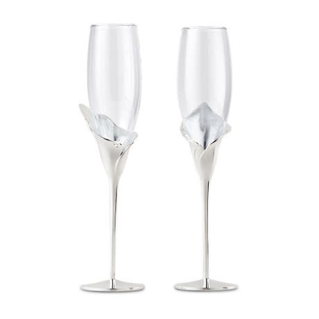 Silver Calla Lily Stemmed Wedding Champagne Flutes - Set of 2