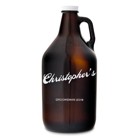 Personalized Amber Glass Beer Growler - Vintage Cursive Print