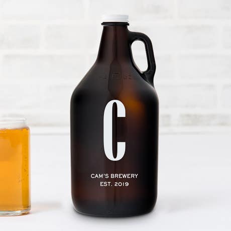 Personalized Amber Glass Beer Growler - Single Monogram Print - Unique Gift For Him