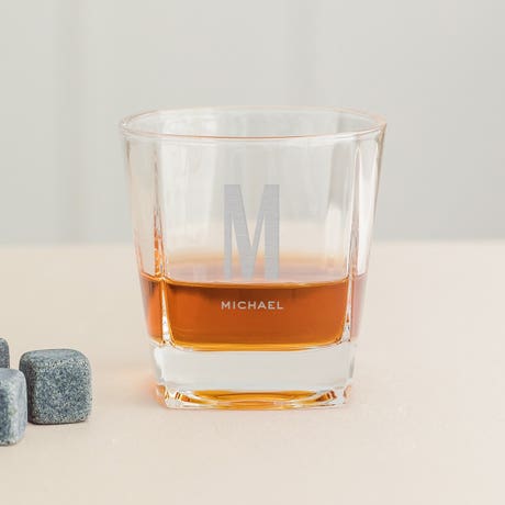 Personalized Square 8 Oz. Whiskey Glass - Sans Serif Monogram - Unique Gift For Him|Her