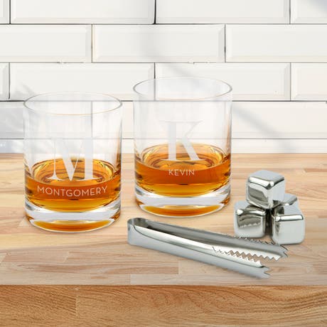 Custom Engraved Round 11 Oz. Whiskey Glass Gift Set with Whiskey Stones - Modern Serif Initial - Unique Gift For Him
