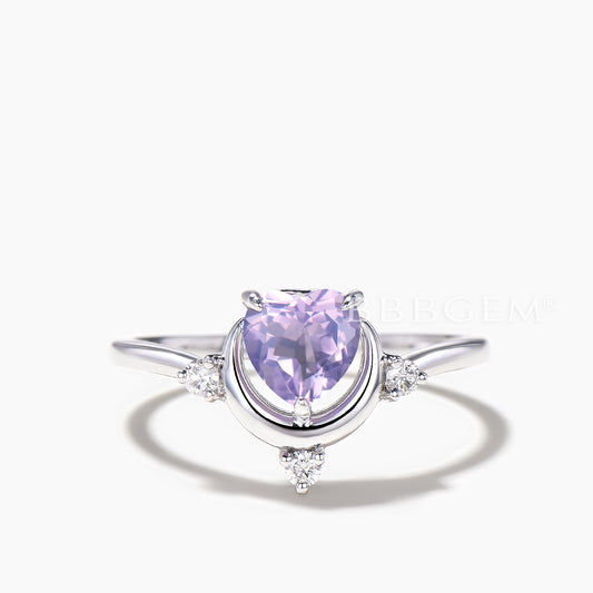 Heart Cut Natural Lavender Amethyst Moon Engagement Ring Diamond Celestial Ring