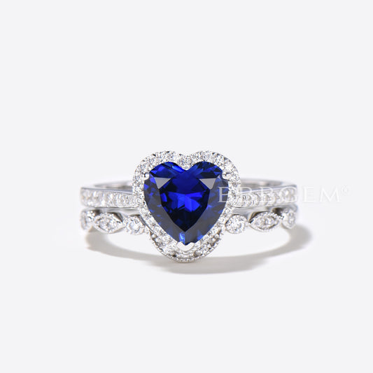 Heart Cut Blue Sapphire Diamond Halo Engagement Ring Half Eternity Bridal Set