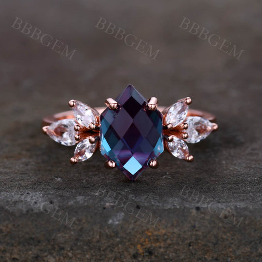 10X7mm Hexagon Cut Lab-created Alexandrite Engagement Ring Marquise Shaped Moissannite