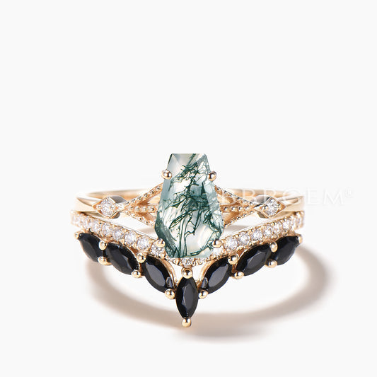 Gothic Alternative Coffin Cut Engagement Ring Set Moss Agate 14k Gold Ring & Marquise Cut Black Spinel Ring