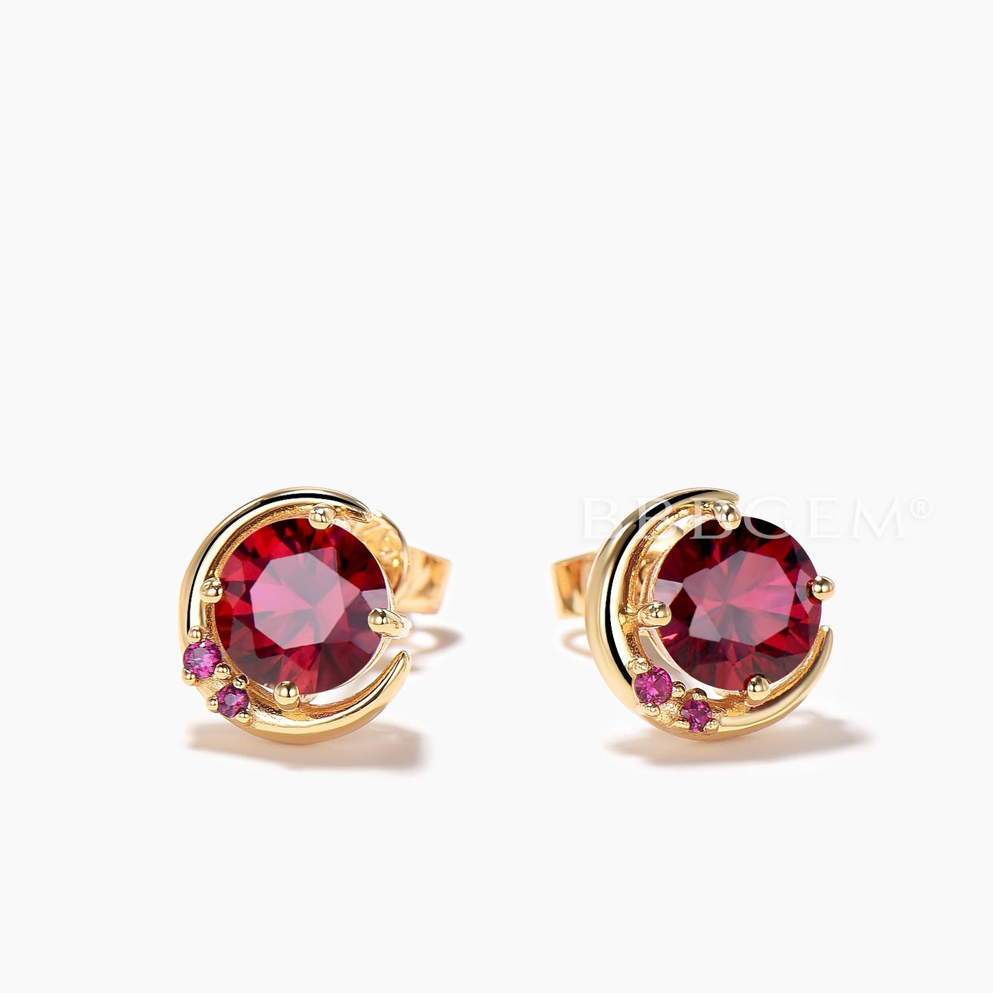 1CT Round Cut Natural Garnet Stud Earrings Ruby Moon Celetial Earrings