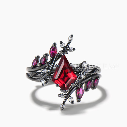 Kite Cut Ruby Leaf Engagement Ring Ruby Diamond Branch Gothic Bridal Set