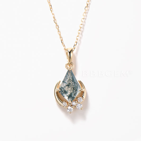 Kite Cut Natural Moss Agate Necklace Diamond Cluster Moon Yellow Gold Pendant