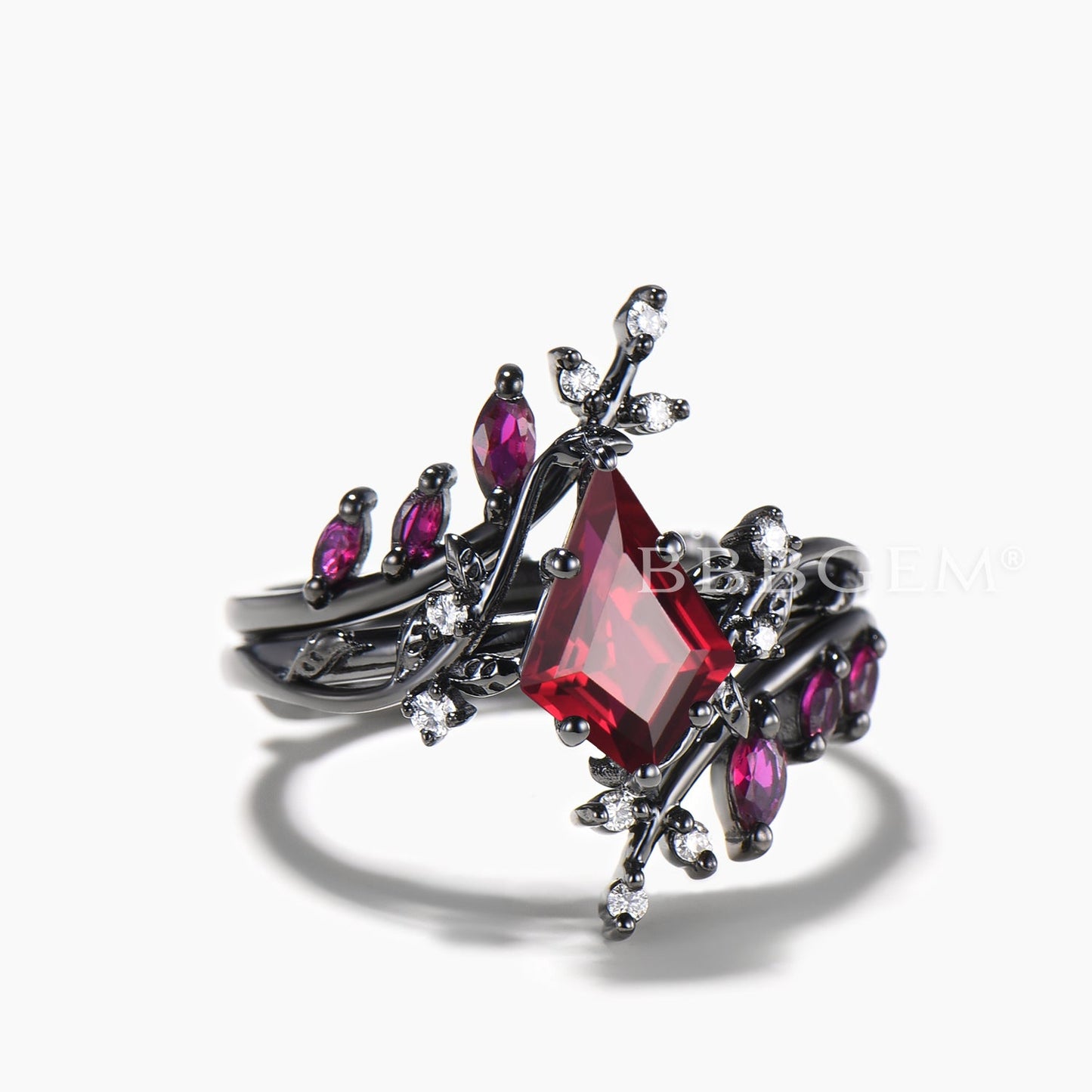 Kite Cut Ruby Leaf Engagement Ring Ruby Diamond Branch Gothic Bridal Set