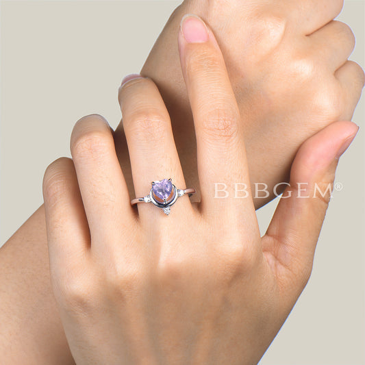 Heart Cut Natural Lavender Amethyst Moon Engagement Ring Diamond Celestial Ring