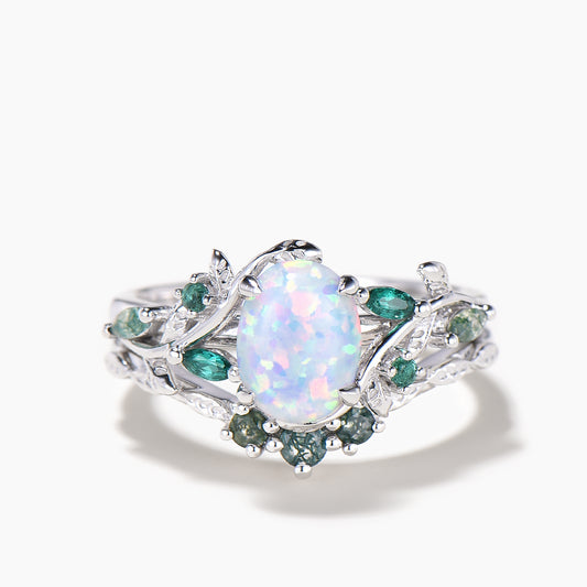 1.5ct Oval Cut White Opal Engagement Ring Moss Agate Leaf Nature Inspired Bridal Set
