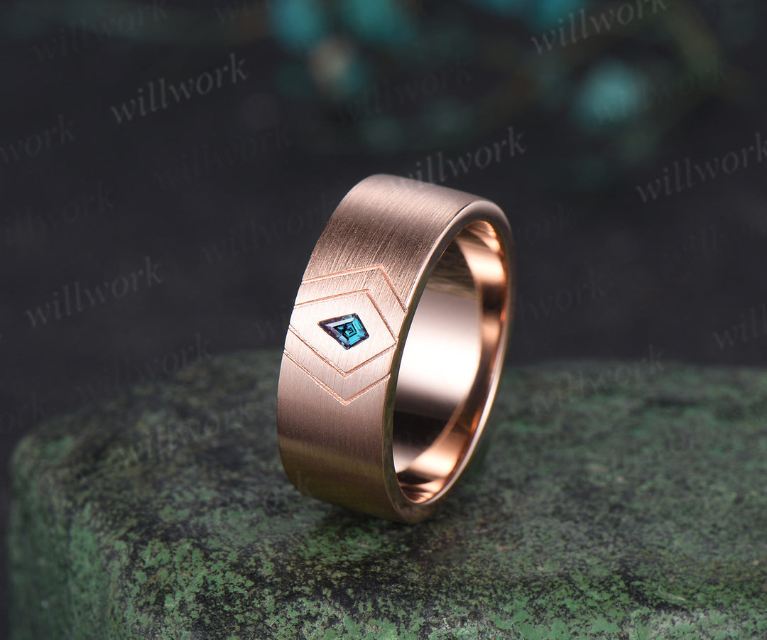 Kite Cut Alexandrite Men Wedding Band 14K Rose Gold 8mm Men Engagement Ring Brushed Finished Band Mens Stacking Band Promise Ring