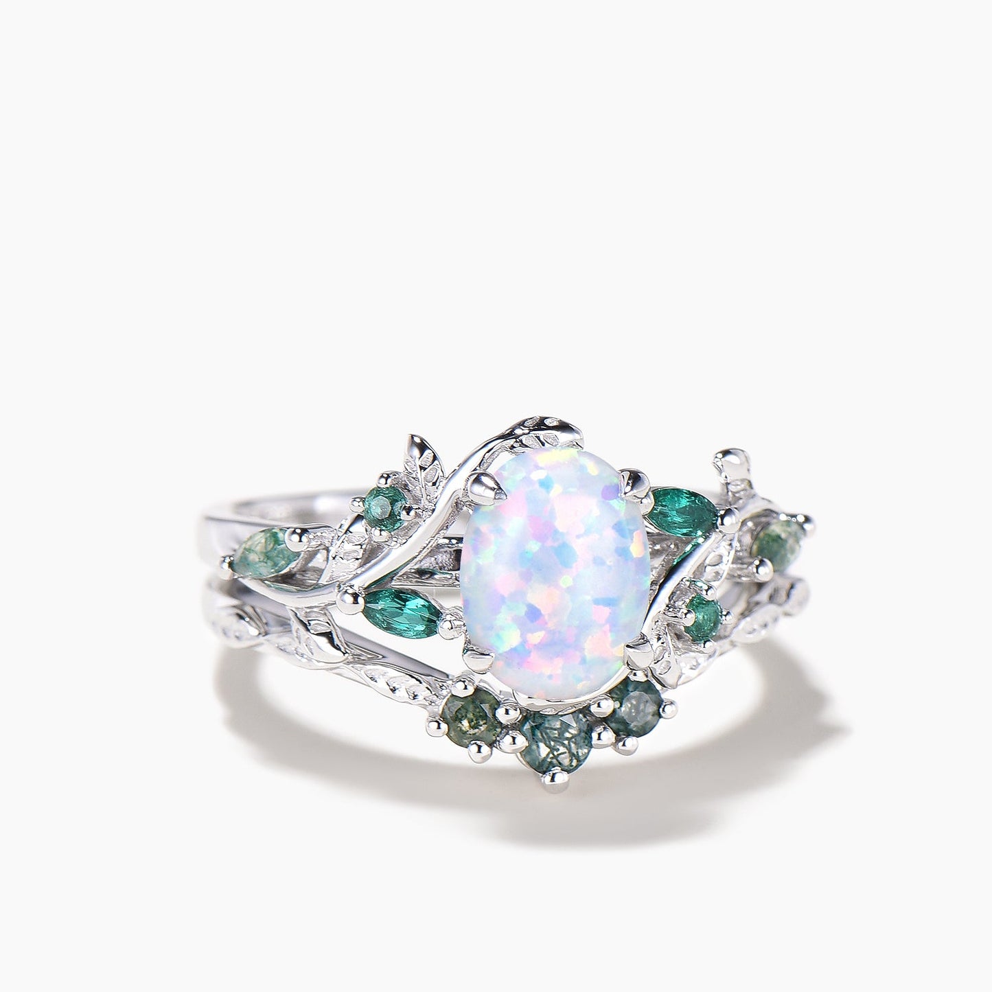 1.5ct Oval Cut White Opal Engagement Ring Moss Agate Leaf Nature Inspired Bridal Set