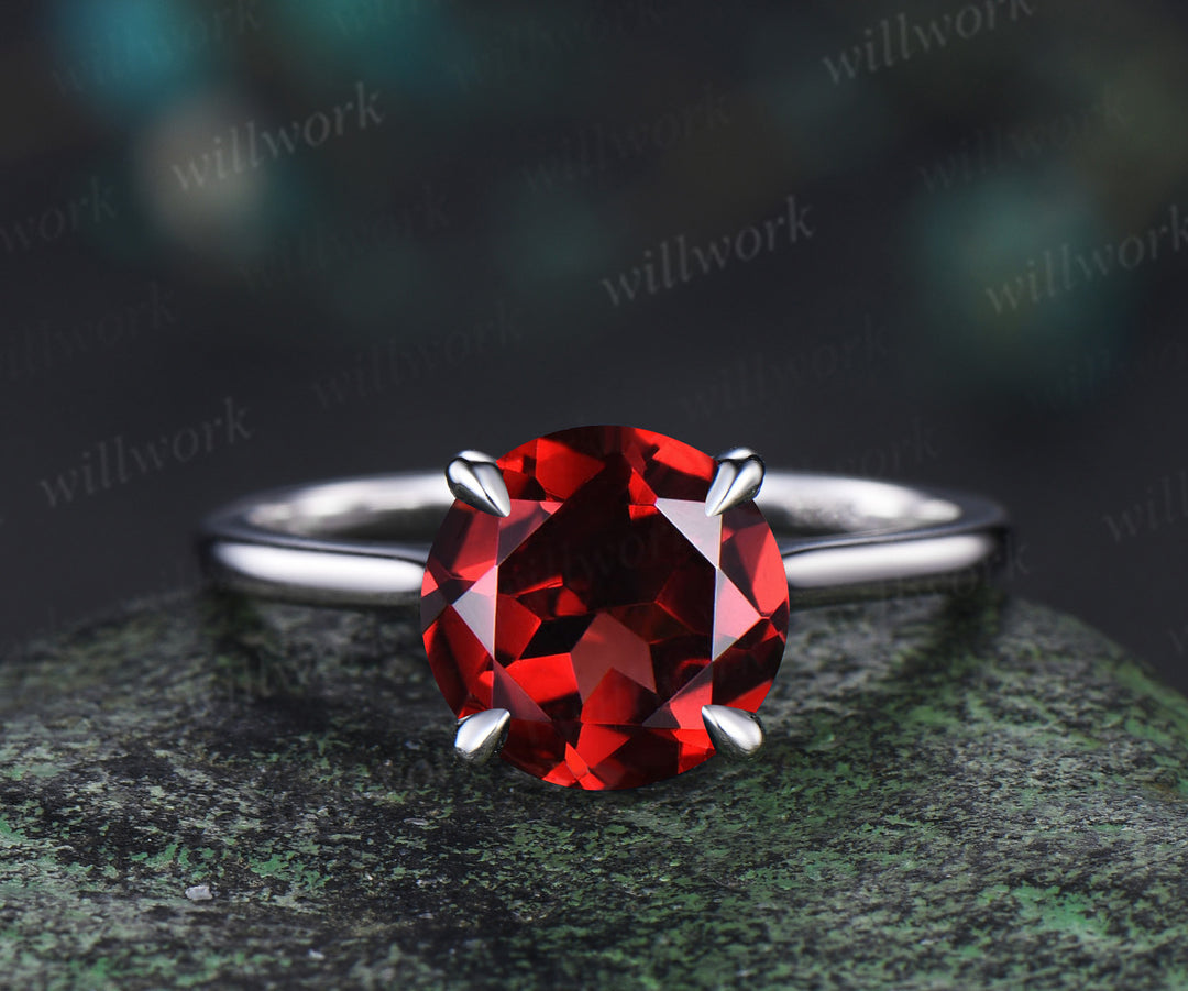 3ct Round Garnet Engagement Ring Hidden Halo Diamond Wedding Ring Women 14k White Gold Gifts For Her