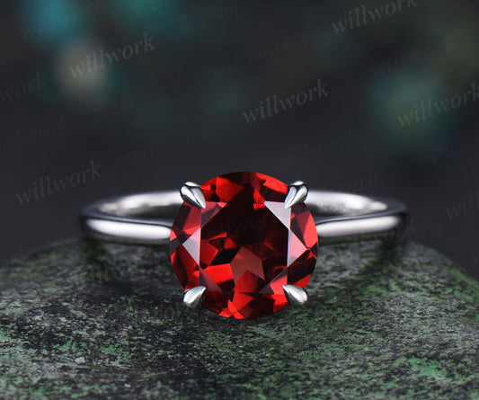 3ct Round Garnet Engagement Ring Hidden Halo Diamond Wedding Ring Women 14k White Gold Gifts For Her
