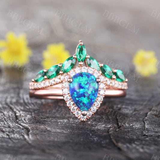 Halo Pear Blue Lab Created Opal Bridal Set Marquise Emerald Diamond Matching Band Rose Gold
