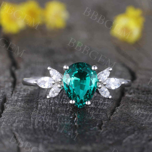 Green Emerald Engagement Ring 14k White Gold Handmade Diamond Ring Tear Drop 6x8mm