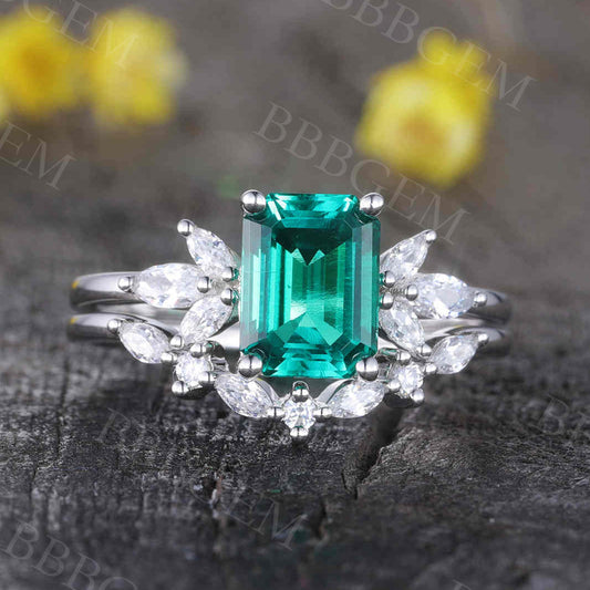 Emerald Diamond Engagement Ring Set Floral Promise Bridal Wedding Set