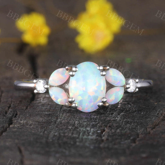 Floral opal engagement ring white gold Oval and Marquise promise ring for women
