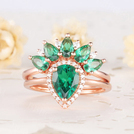 Halo Emerald Engagement Ring Set Pear Cut Emerald Diamond Cluster Ring Rose Gold Bridal Set