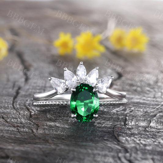 Emerald Engagement Set Diamond Curved Stacking Band Bridal Ring Set