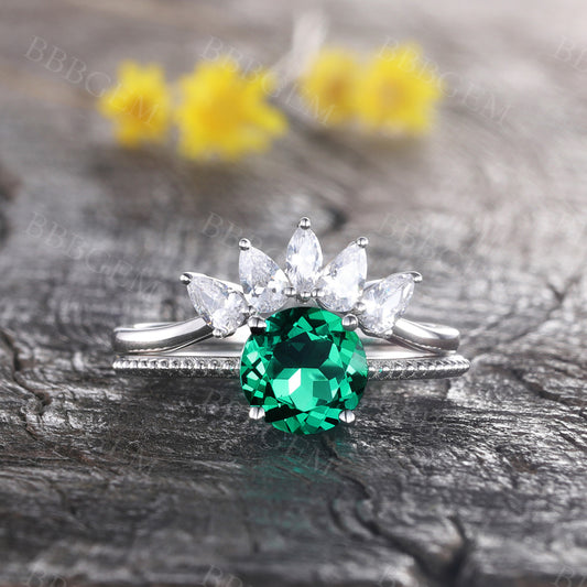 14K White Gold Emerald Wedding Ring Set Round Gemstone Ring Diamond Wedding Band