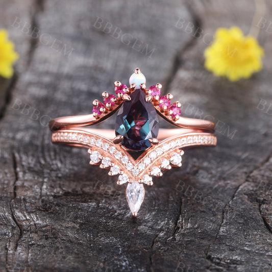 14K/18K Alexandrite Diamond Engagement Rings Rose Gold Wedding Set