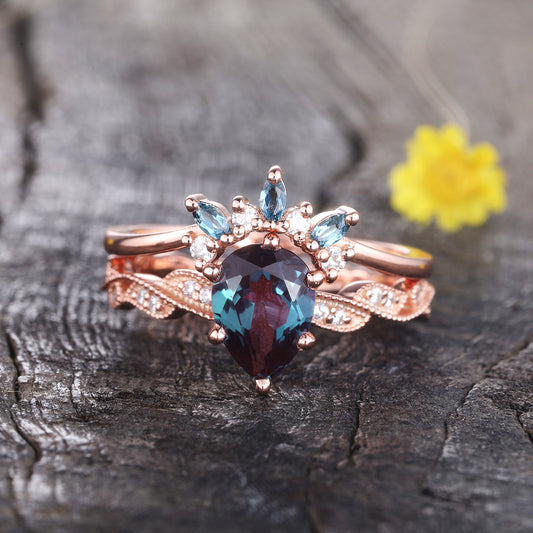 Floral Alexandrite Diamond Engagement Rings Rose Gold Wedding Set Color Chaning Stone
