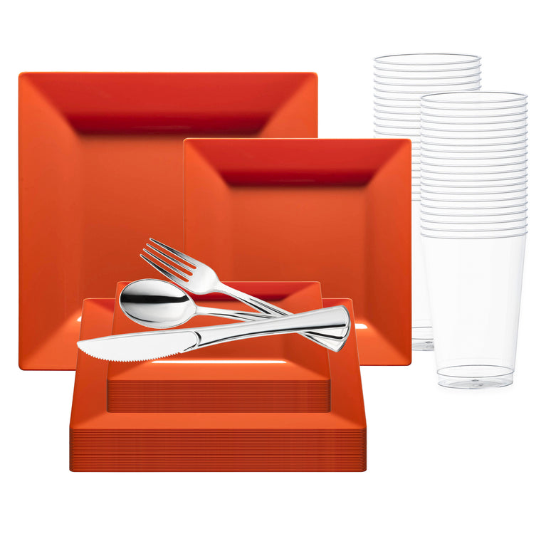 Burnt Orange Square Plastic Plates Wedding Value Set