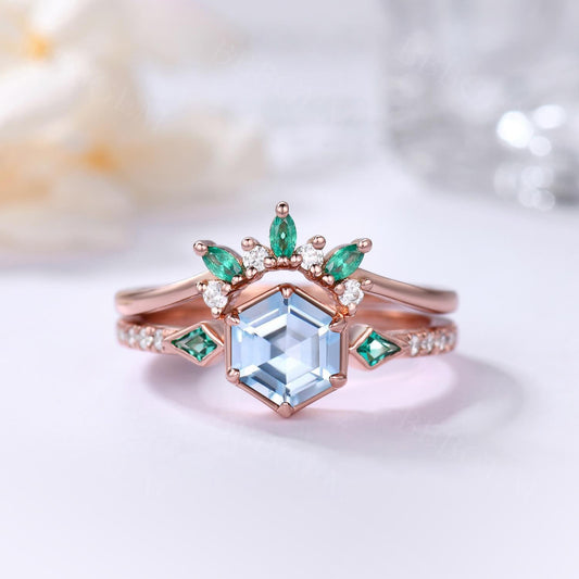 2pcs Three Stone Aquamarine Hexagon Ring Bezel Set with Kite Cut Lab Emerald Side Stones in Rose Gold