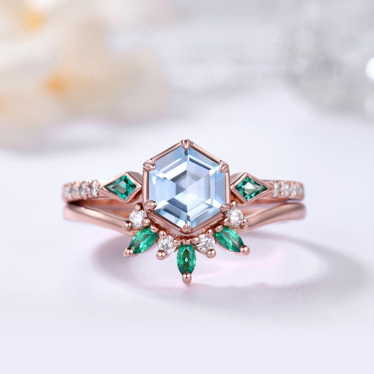 Geometric Blue and Green Hexagon Aquamarine and Kite Lab Emerald Engagement Ring Three Stones