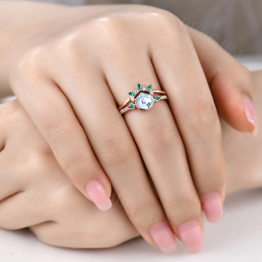 2pcs Three Stone Aquamarine Hexagon Ring Bezel Set with Kite Cut Lab Emerald Side Stones in Rose Gold