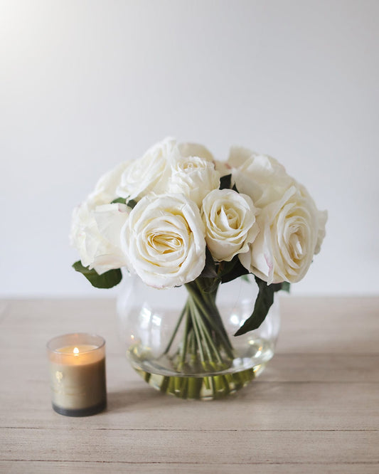 Faux White Rose Centerpiece 11.5"