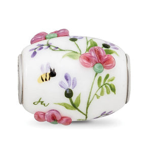 Fenton White Floral Glass & Sterling Silver Barrel Bead Charm
