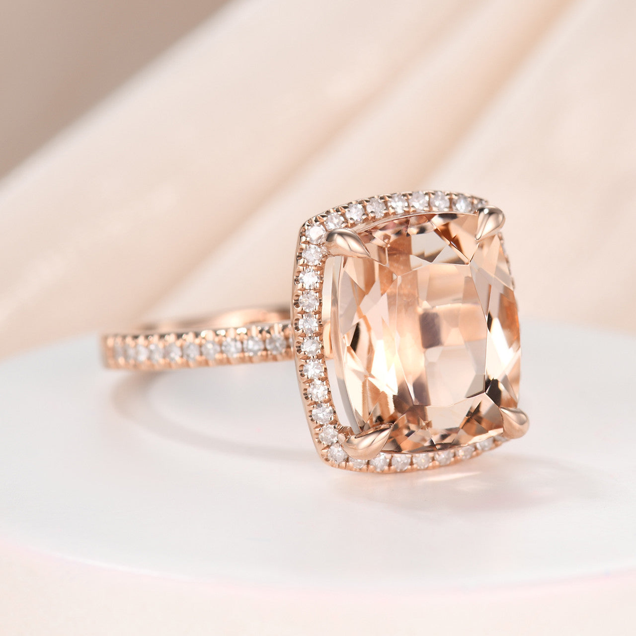 5 Carat Rectangular Cushion Morganite Halo Ring 14k Rose Gold Stacking Band Claw Prongs