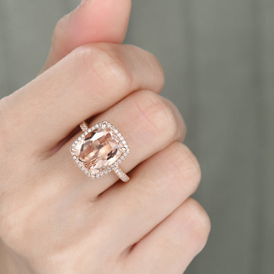 5 Carat Rectangular Cushion Morganite Halo Ring 14k Rose Gold Stacking Band Claw Prongs