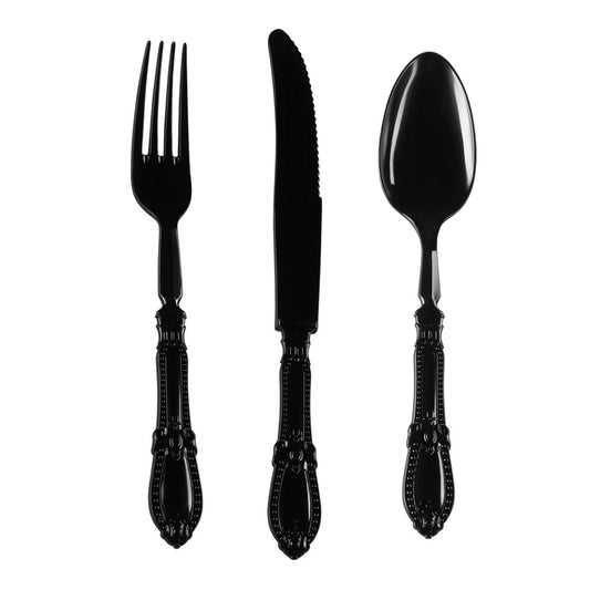Black Baroque Disposable Plastic Cutlery Set - 20 Spoons, 20 Forks and 20 Knives