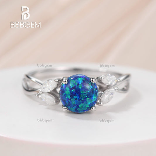 14K/18K Black Blue Opal Moissanite Engagement Ring Rose Gold Are Deco