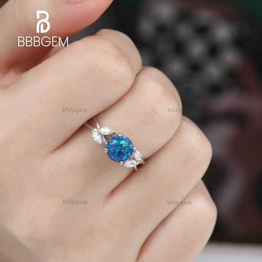 14K/18K Black Blue Opal Moissanite Engagement Ring Rose Gold Are Deco