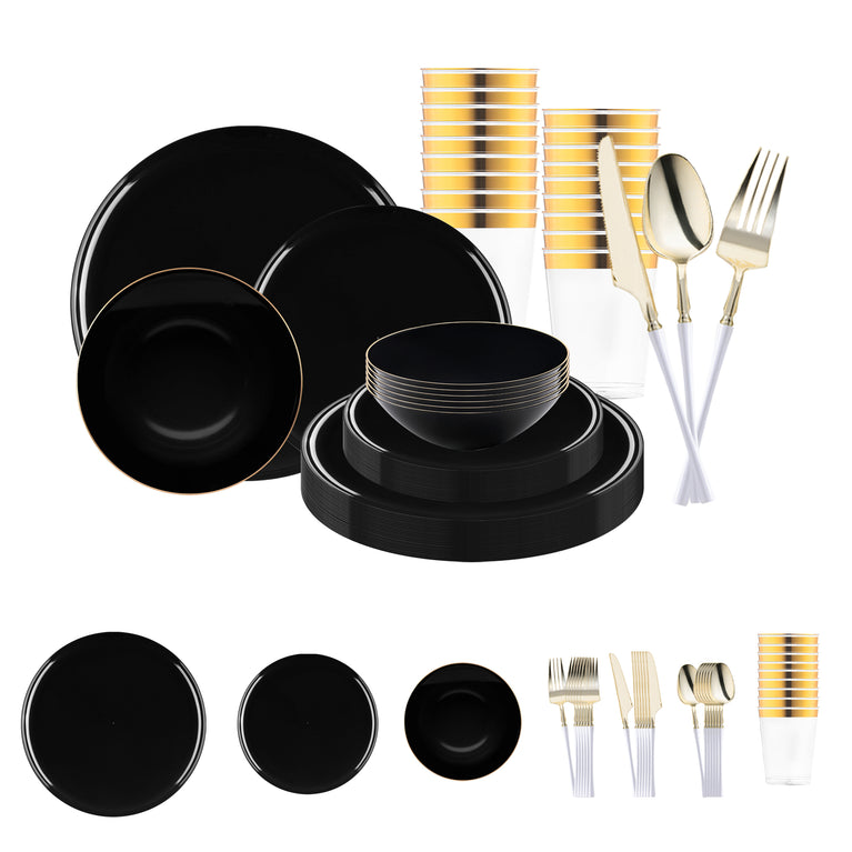 Black Flat Round Disposable Plastic Tableware Set